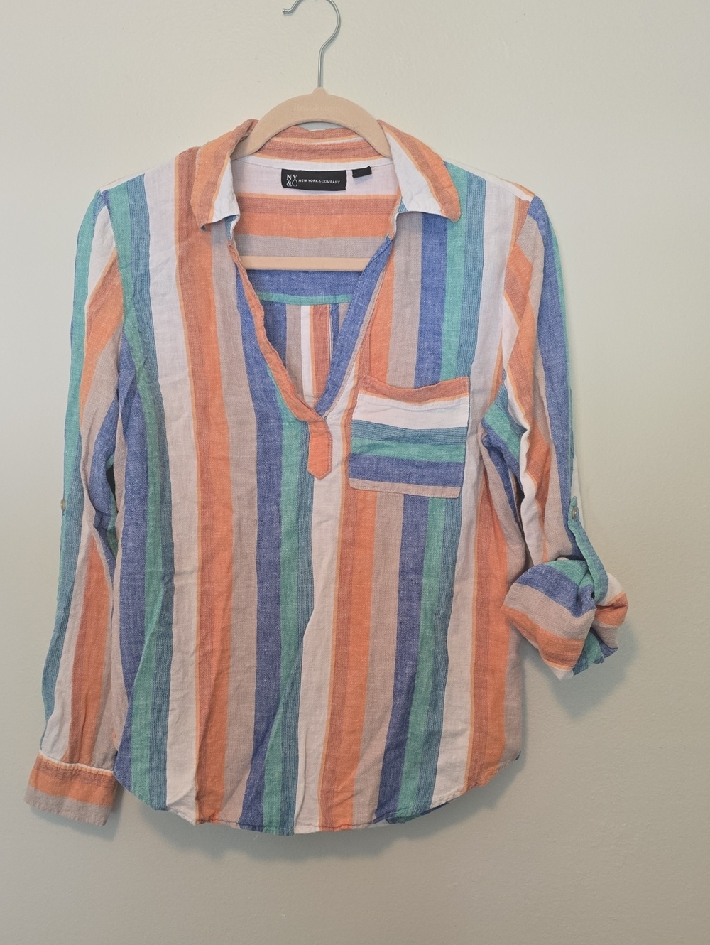 NY&Co Striped Linen-blend V-Neck Tunic in Orange, Blue, Green, White